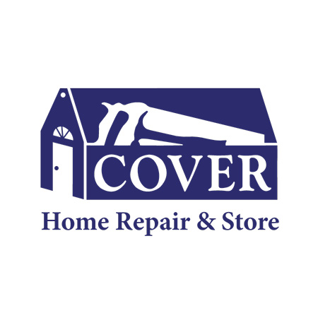 A blue drawing of a building with a hammer and saw drawn on the room and the words Cover Home Repair & store below