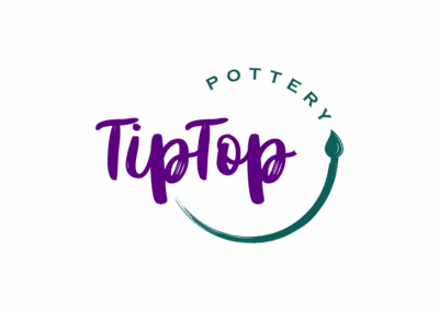 Logo image for Tip Top Pottery, purple and green text on a white background with an illustration of a small green paintbrush.
