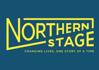The logo for Northern Stage. Yellow text over a dark green background reading Northern Stage change lives one story at a time.