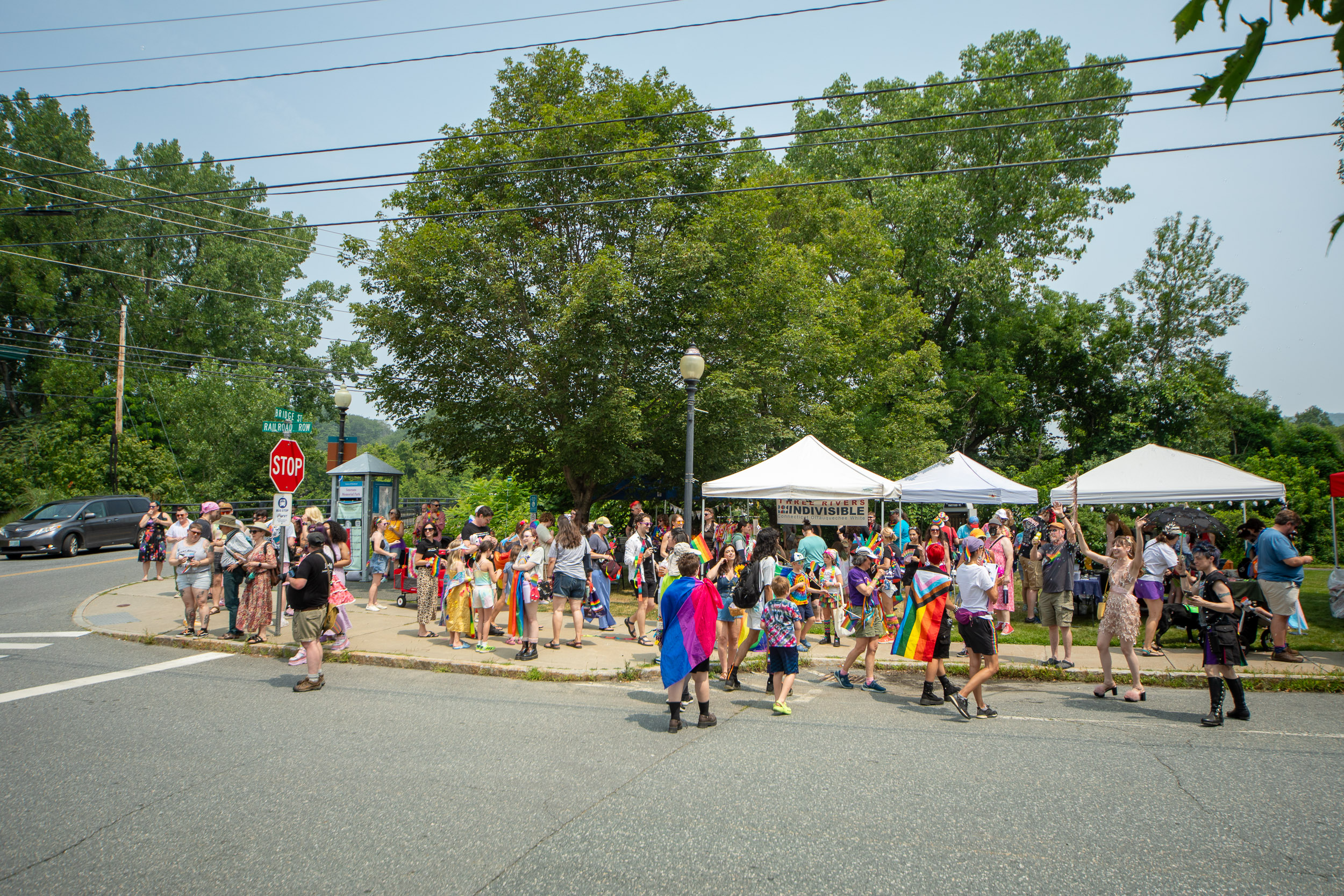 005A0381 A lively outdoor Pride celebration with people gathered on a street corner and under white tents. Many participants wear colorful outfits and carry rainbow flags. A person draped in a bisexual pride flag walks across the street while others wave and cheer. Green trees and a stop sign are in the background.